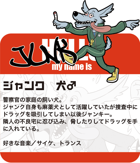 ペットハウス「マイクとチアリの家」オリジナルコミックのサブキャラクター「ジャンク」。警察官の家庭の飼い犬。